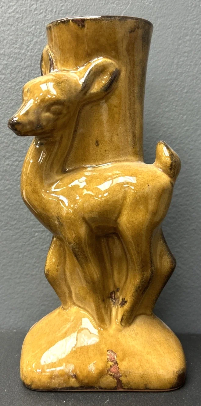VTG Dryden Pottery Deer Vase Ozark Frontier Light Brown Drop Glaze 9” READ